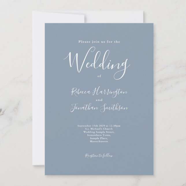 Convites Casamento de Script Moderno Dusty Blue (Frente)