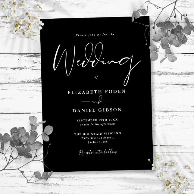 Convites Casamento De Script Moderno Elegante Preto E Branc (Black And White Elegant Modern Script Wedding Invitation)