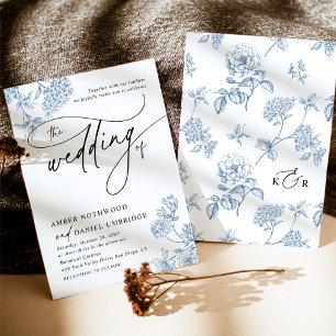 Convites Casamento de Script Moderno Floral Azul Vintage