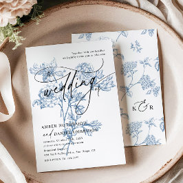 Convites Casamento de Script Moderno Floral Azul Vintage