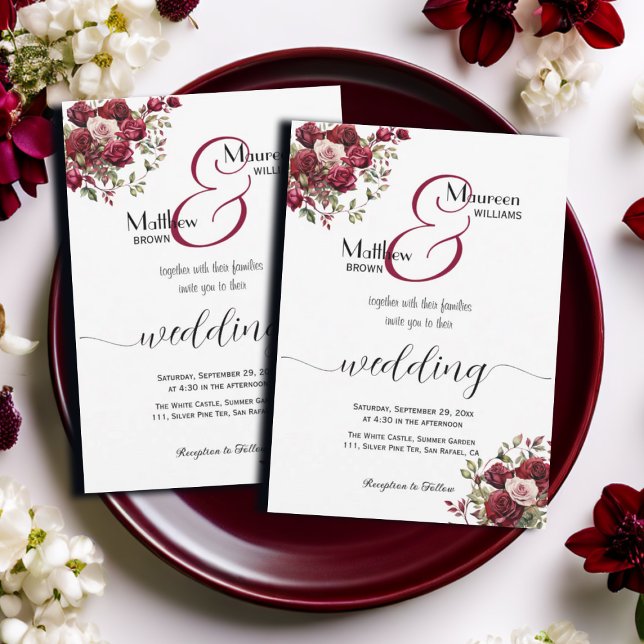 Convites Casamento de Script Moderno Floral da Burgundy (Criador carregado)
