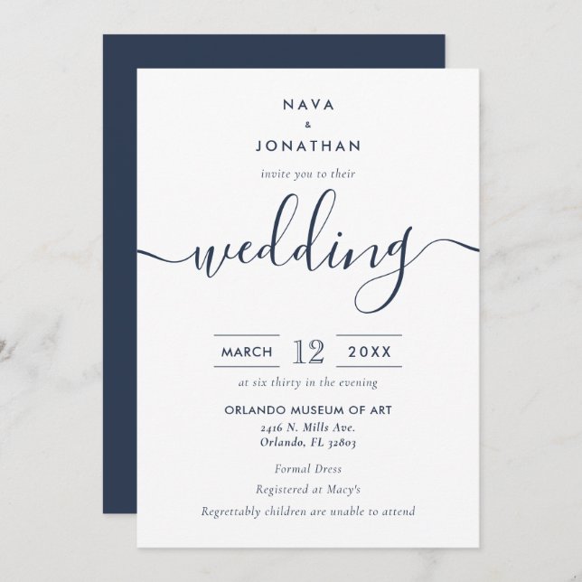 Convites Casamento de Script Moderno Minimalista marinho Az (Frente/Verso)