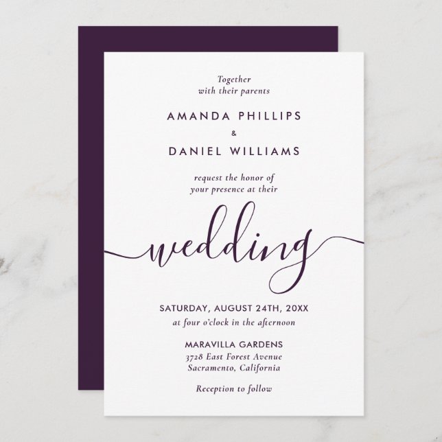 Convites Casamento de Script Moderno Roxo Elegante Simples (Frente/Verso)