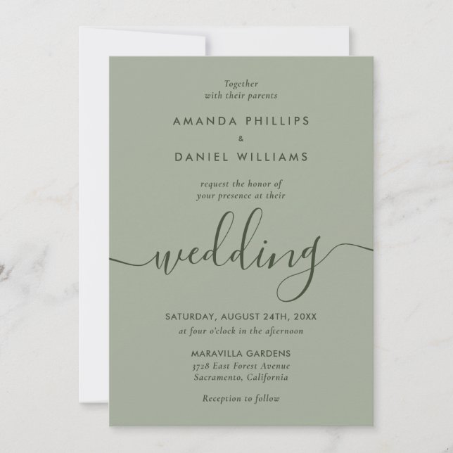 Convites Casamento de Script Moderno Verde Elegante Sage (Frente)