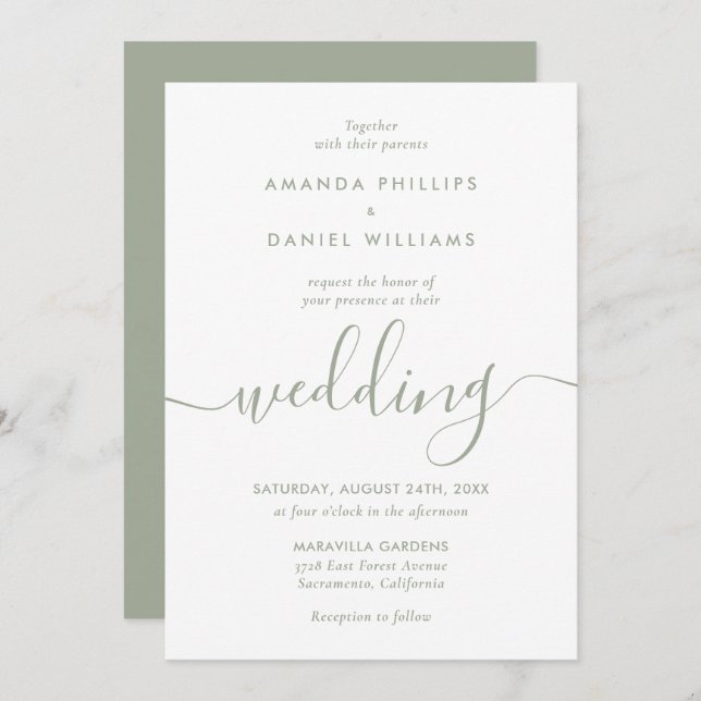 Convites Casamento de Script Moderno Verde Sage Elegante (Frente/Verso)