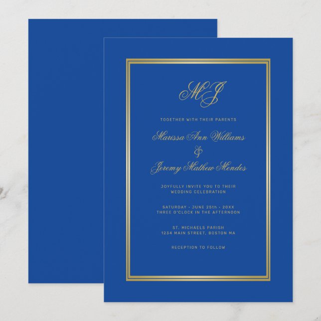 Convites Casamento de Script Monograma Dourado Azul Elegant (Frente/Verso)