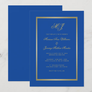 Convites Casamento de Script Monograma Dourado Azul Elegant