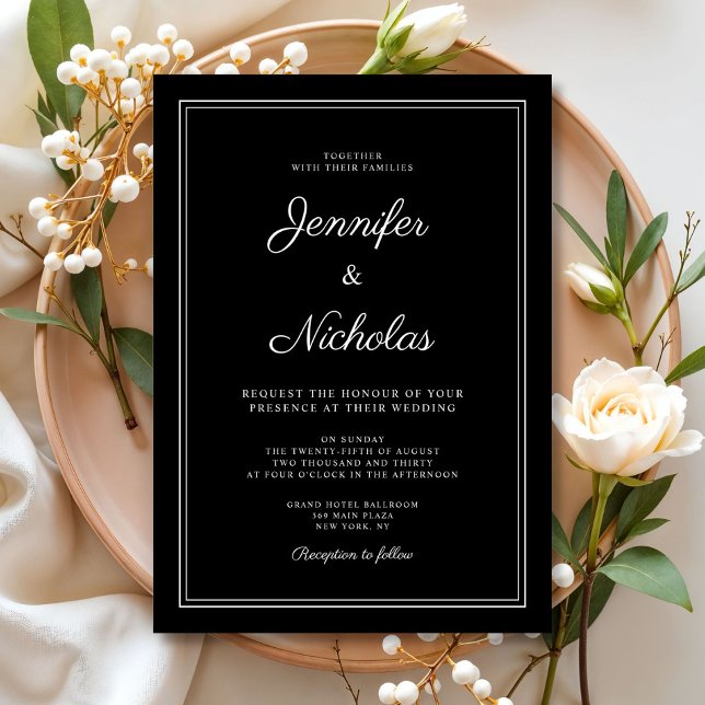 Convites Casamento de Script Negra Formal Moderno Elegante (Elegant Modern Formal Black Script Wedding Invitation)