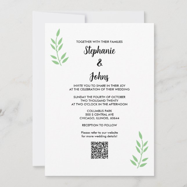 Convites Casamento de Script Preto com Folha Verde de Sage  (Frente)