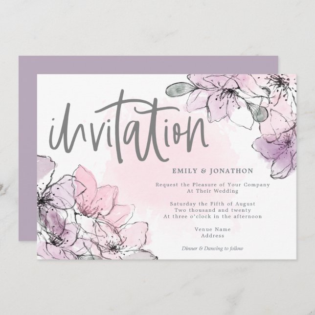 Convites Casamento de Script Rosa Lilac Florals Moles (Frente/Verso)