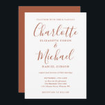 Convites Casamento de Script Terracotta Minimalista<br><div class="desc">Apresentando nomes de estilo de assinatura,  este elegante convite de casamento pode ser personalizado com suas informações em caracteres chic terracotta. Projetado por Thisnotme©</div>