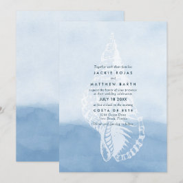 Convites Casamento de Seashell de Praia Blue Watercolor