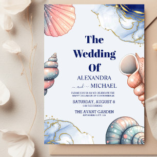Convites Casamento de Seashell de Praia marinho Azul Elegan