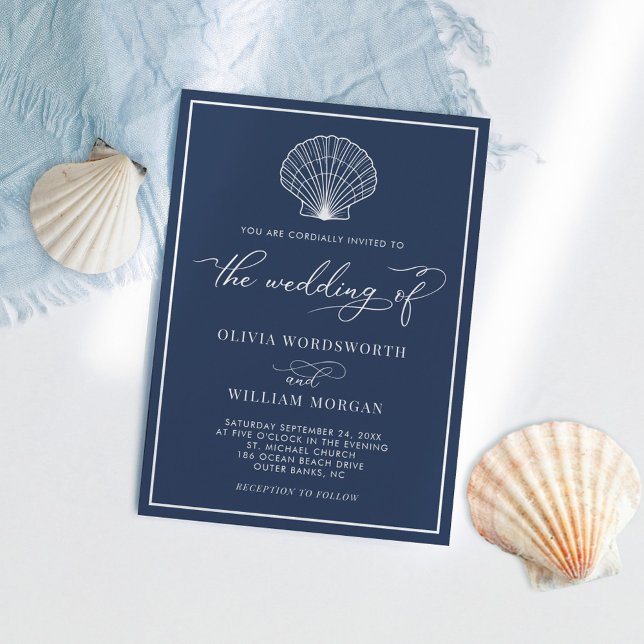 Convites Casamento de Seashell de Praia marinho Azul Elegan (Criador carregado)