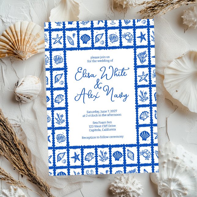 Convites Casamento de Seashell Grid Beach no Mar CUSTOM (Seashell Grid Beach Seaside Wedding CUSTOM Invitation
)