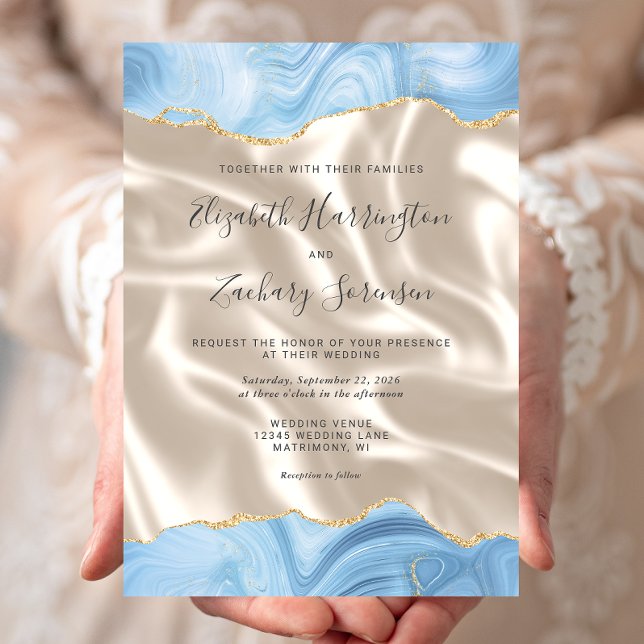 Convites Casamento de Seda Azul Bebê Ágata Marfim (Criador carregado)