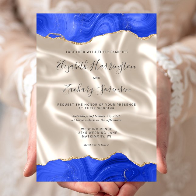 Convites Casamento de Seda Marfim Ágata Dourada Azul Real (Criador carregado)