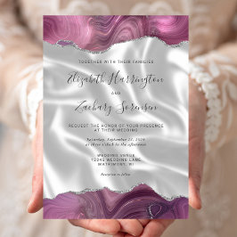 Convites Casamento de Seda Prata Malva Ágata Branco