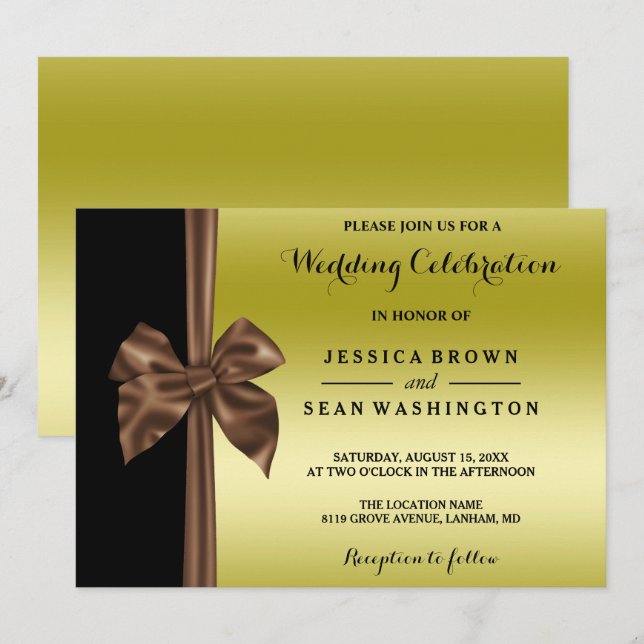 Convites Casamento de Seda Romântica com Laço Dourado e Pre (Frente/Verso)