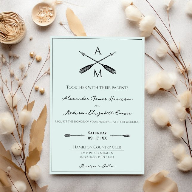 Convites Casamento de Setas e Monogramas | Mint Green (Mint Green Arrows and Monograms Wedding Invitation)