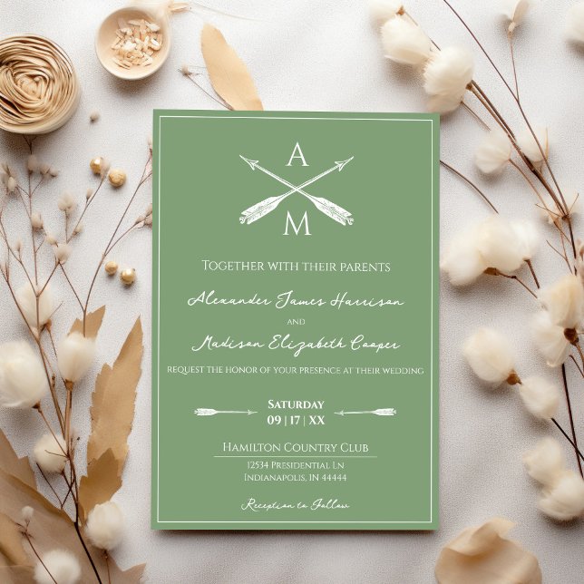 Convites Casamento de Setas e Monogramas | Moss Green (Moss Green Arrows and Monograms Wedding Invitation)