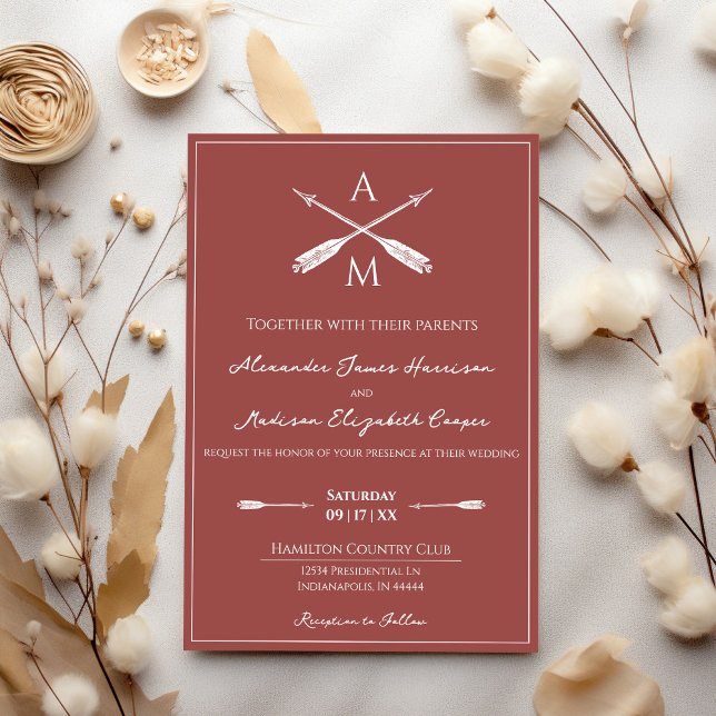 Convites Casamento de Setas e Monogramas | Terracotta (Terracotta Arrows and Monograms Wedding Invitation)
