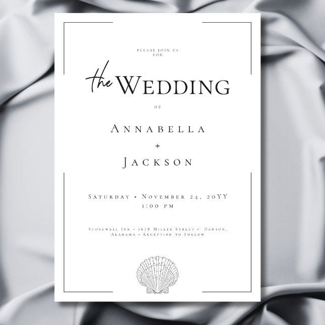 Convites Casamento de Shell Preto e Branco com Tipografia M (Minimal Typography Black & White Shell Wedding Invitation)