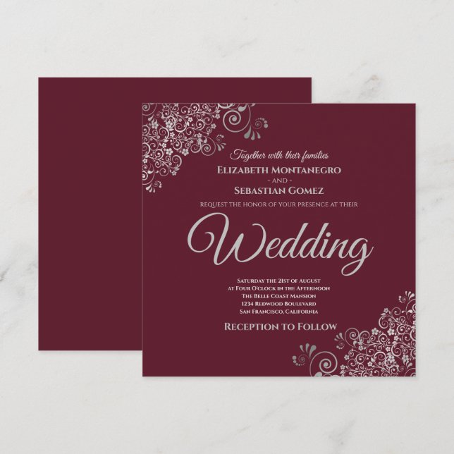 Convites Casamento de Silver Frills Elegante Burgundy Squar (Frente/Verso)