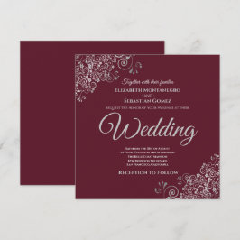 Convites Casamento de Silver Frills Elegante Burgundy Squar