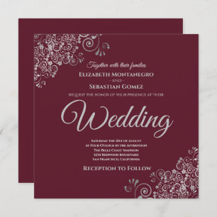 Convites Casamento de Silver Frills Elegante Burgundy Squar