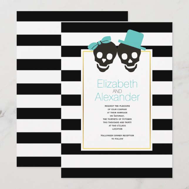 Convites Casamento de Skules e stripes aqua Halloween (Frente/Verso)