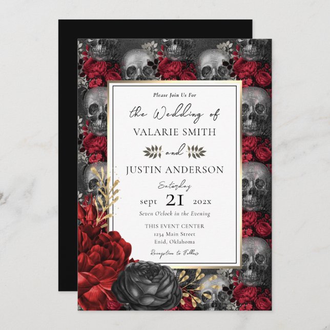 Convites Casamento de Skulls Floral Gothic (Frente/Verso)