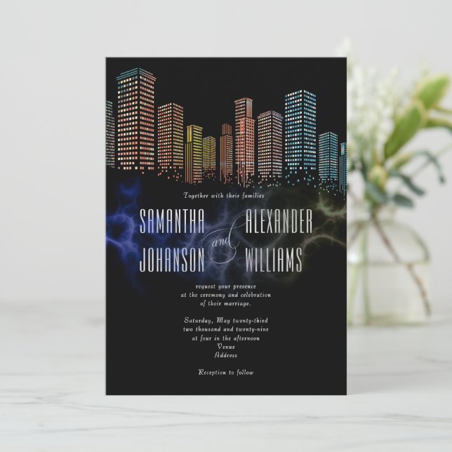 Convites Casamento de Skyline Noturno Negra Moderno (Em pé/Frente)