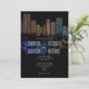 Convites Casamento de Skyline Noturno Negra Moderno