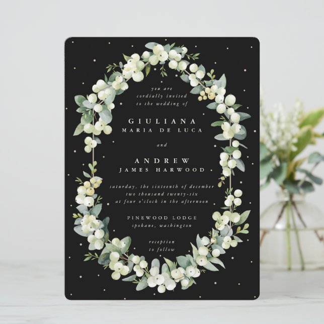 Convites Casamento de Snowberry Preto Grande + Eucalipto (Em pé/Frente)