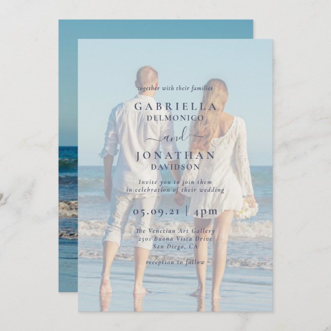 Convites Casamento de Sobreposição Branca de Foto do Casal  (Frente/Verso)