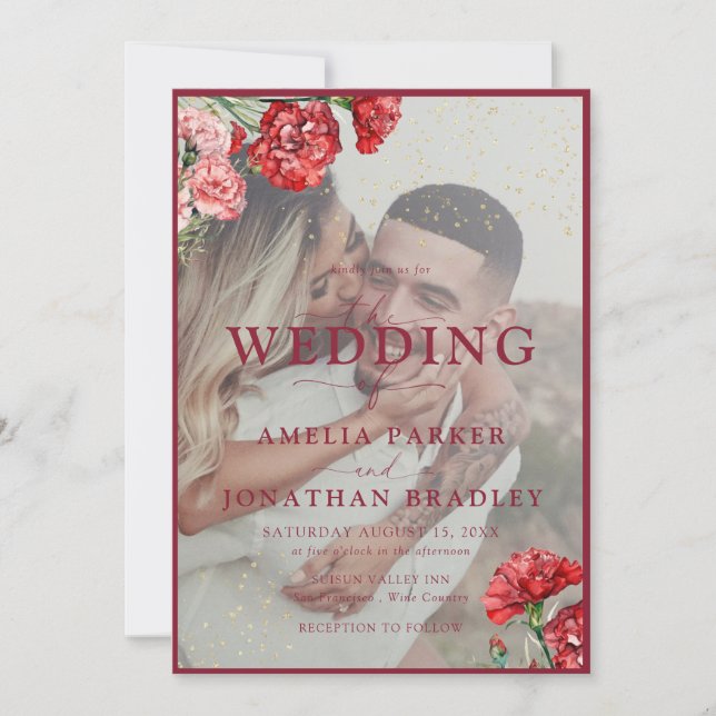Convites Casamento de Sobreposição de Script Floral Red Mar (Frente)