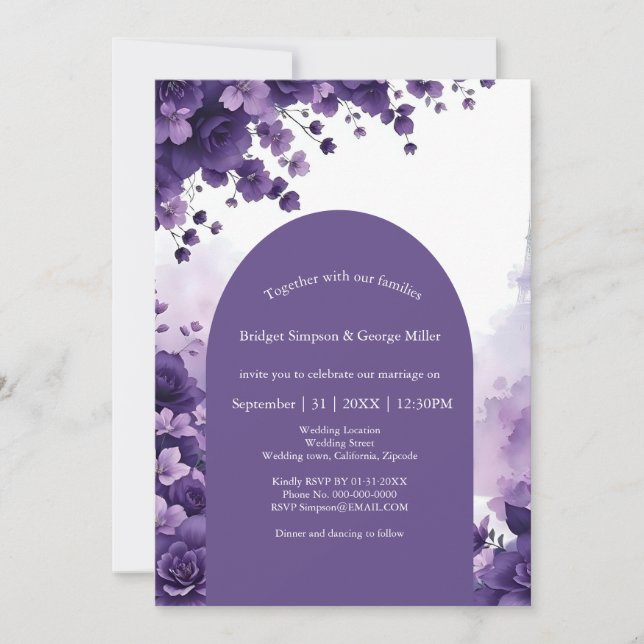 Convites Casamento de Sonho lavanda em Paris com Torre Eiff (Frente)