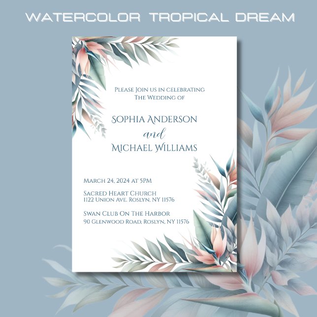 Convites Casamento de Sonhos Tropicais por Aquarela (Watercolor Tropical Dream Wedding Invitations-Coastal-Pastel Colors)