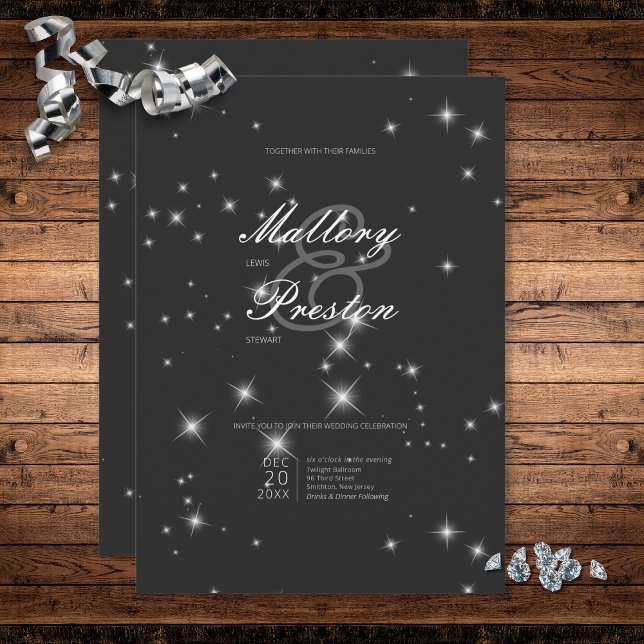 Convites Casamento de Sparkle Black Winter Modern (Modern Charcoal Black Winter Sparkle Wedding Invitation)