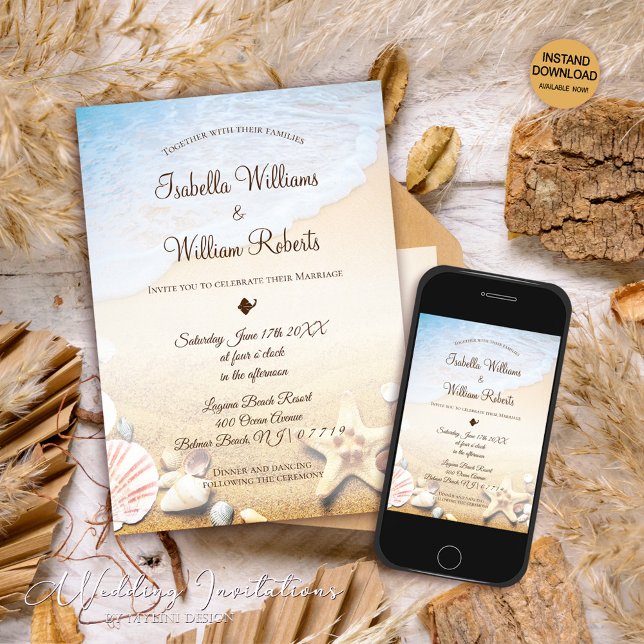 Convites Casamento de Starfish de Praia Tropical Moderna (Criador carregado)