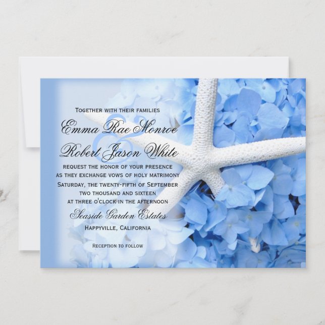 Convites Casamento de Starfish e Hydrangea Tropical Blue (Frente)