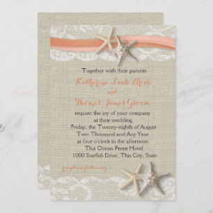 Convites Casamento de Starfish e Ribbon Vintage Beach Coral