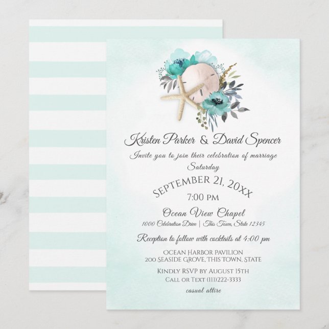 Convites Casamento de Starfish e Sand Dollar Floral Beach I (Frente/Verso)