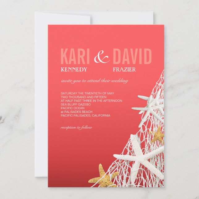 Convites Casamento de Starfish Netting Beach| coral (Frente)