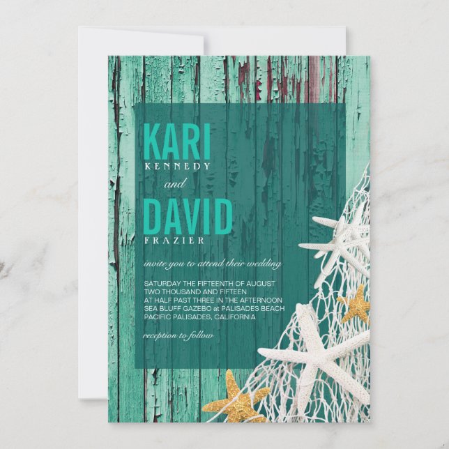 Convites Casamento de Starfish Netting Beach Wood| aqua (Frente)