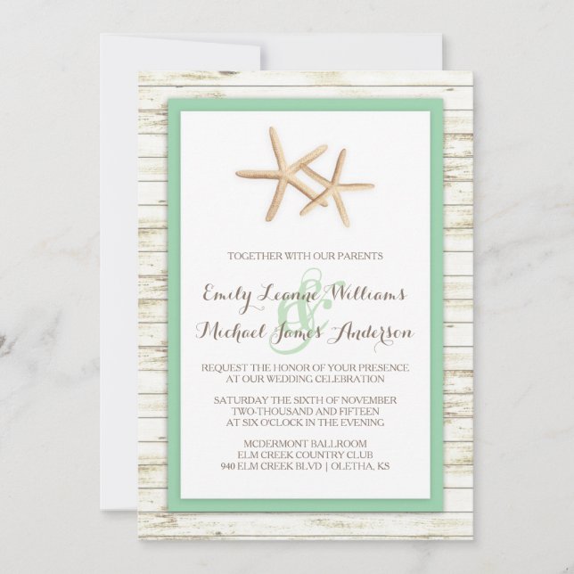 Convites Casamento de Starfish Whitewash Wood Beach - Mint (Frente)