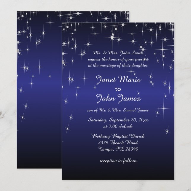 Convites Casamento de Starry Night em Azul Escuro (Frente/Verso)
