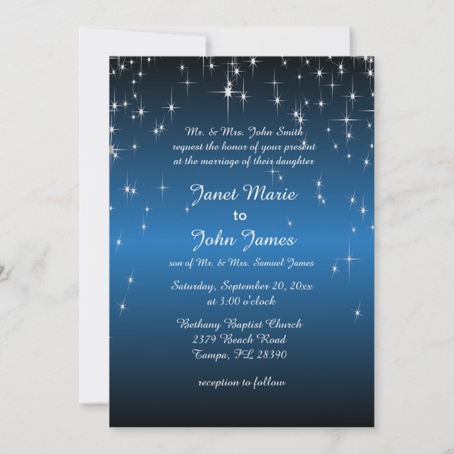 Convites Casamento de Starry Night em Cor | Azul metálico (Frente)