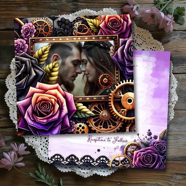 Convites Casamento de Steampunk Gótico Roxo, Preto e Cobre (Criador carregado)